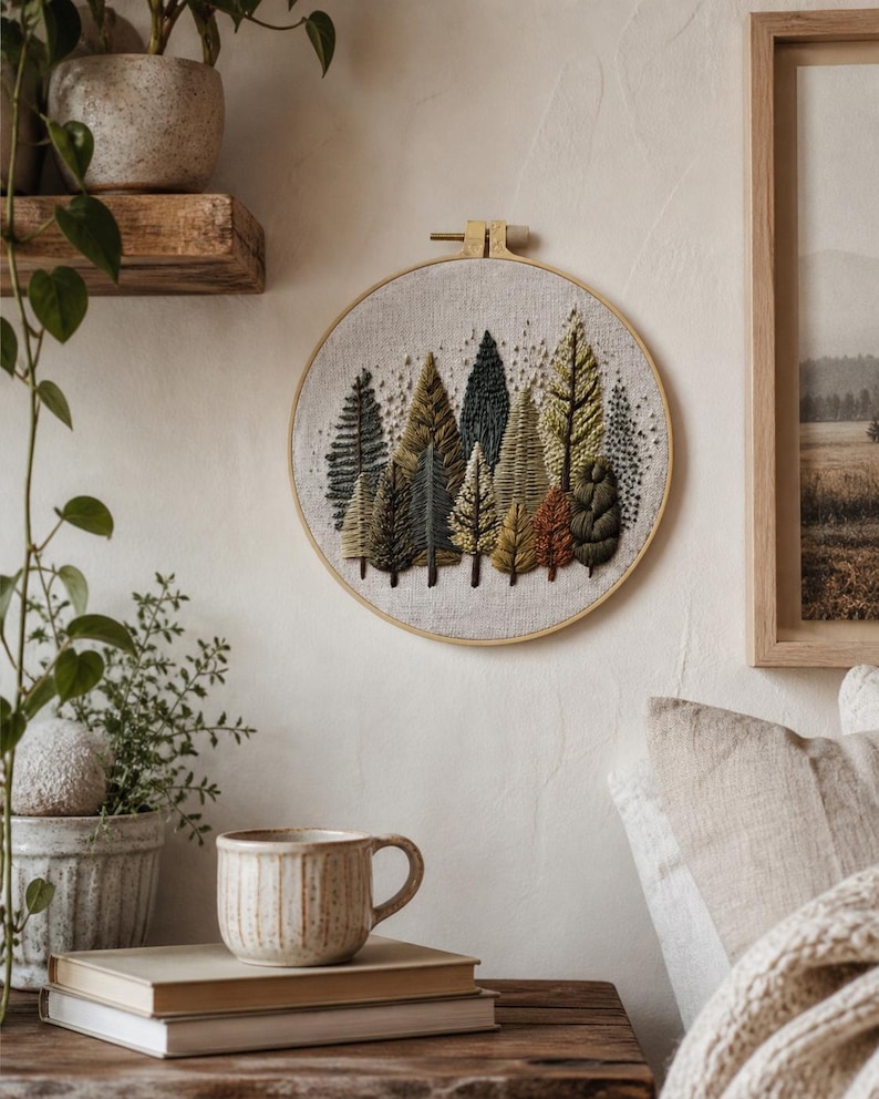 Puede incluir: Un tapiz de pared bordado redondo que representa un bosque con &aacute;rboles en tonos verdes, marrones y dorados. El bordado est&aacute; en un aro de madera y cuelga de una pared de color neutro. Una taza de cer&aacute;mica y libros est&aacute;n sobre una mesa de madera.