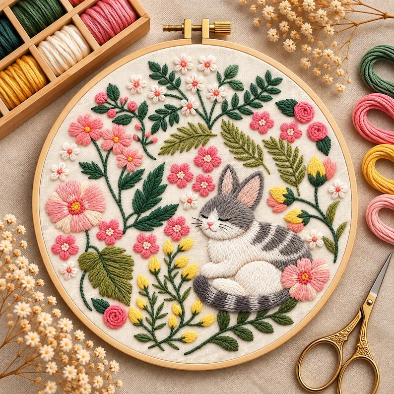 Standing Rabbit Embroidery Design Floral Bunny Embroidery Kit: Spring Garden Needlework Hoop Art - Etsy