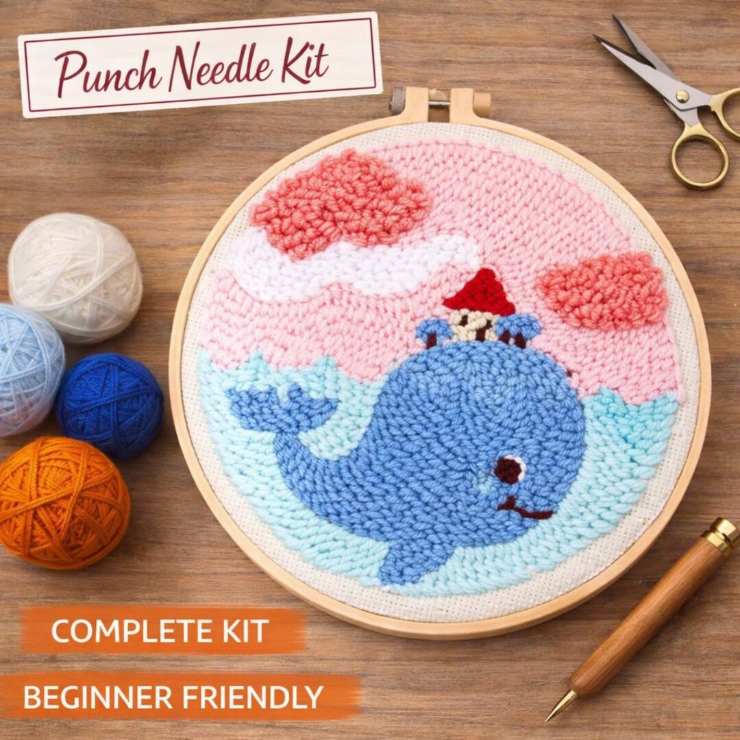 Whale Punch Needle Kit – Beginner Ocean Yarn Art Craft Project (20x20cm ...