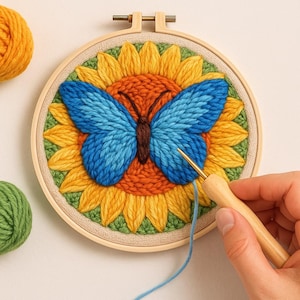 Puede incluir: Un colorido bordado en un aro de madera, con una mariposa azul sobre un centro naranja, rodeada de pétalos amarillos de girasol y hojas verdes. Se ve una aguja y hilo azul.