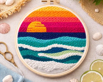 Kit de bordado con aguja perforadora "Atardecer en el Océano": Arte para principiantes con bastidor de bordado (20 cm)