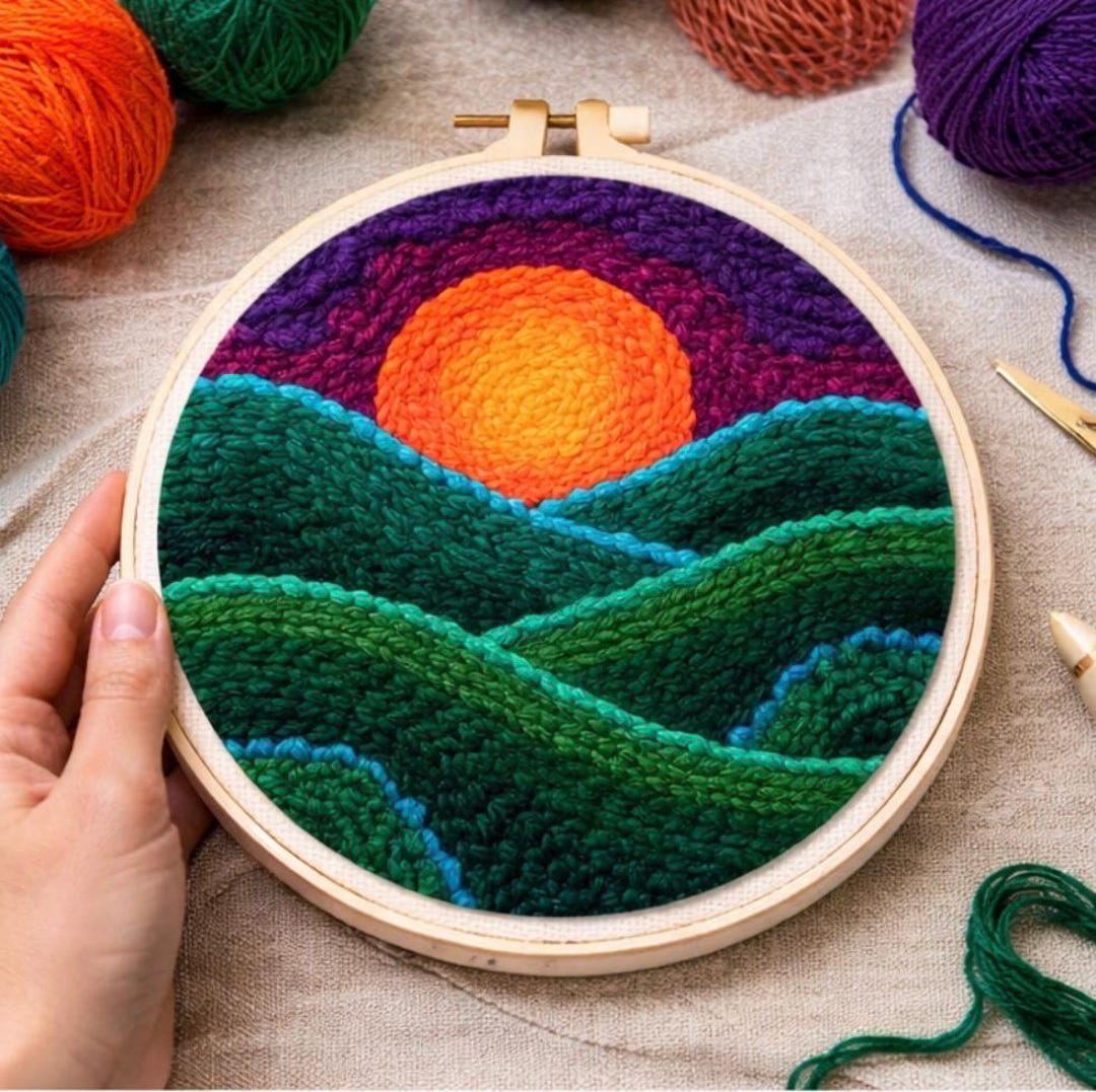 Sunset Mountain Punch Needle Kit: Beginner Landscape Embroidery Craft ...