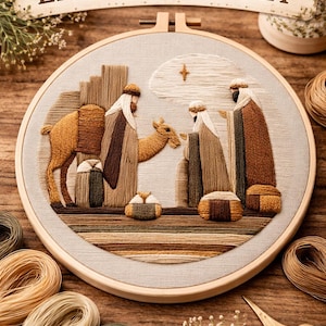 May include: An embroidery kit featuring a nativity scene with three wise men, a camel, and gifts. The design is stitched on a round canvas, framed in a wooden hoop. The words "Embroidery Kit" are displayed above the hoop. Various spools of thread and scissors are also visible.