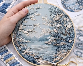 May include: An embroidered landscape scene in a wooden hoop. The artwork depicts a serene lake surrounded by trees with white blossoms, rendered in shades of blue and white thread. Embroidery floss and scissors are also visible.