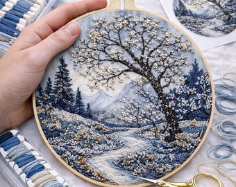 Puede incluir: Escena de paisaje bordada en un aro de madera. La obra de arte representa una escena invernal con un árbol, montañas y un camino sinuoso, todo en tonos azules y blancos. También se ven hilos de bordar y tijeras.