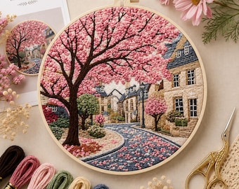 Kit de bordado callejero de cerezos en flor de primavera: escena de pueblo europeo con árbol rosa (15 cm)