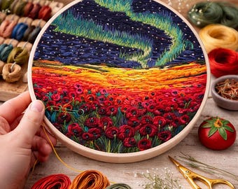 Kit de bordado de auroras boreales: prado de amapolas, bordado DIY con bastidor