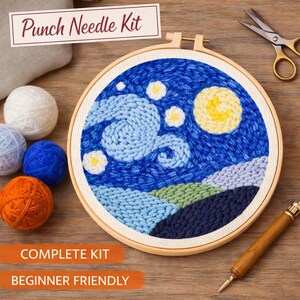 May include: A punch needle kit featuring a starry night design. The embroidery hoop displays a blue and yellow night sky with white stars and a yellow moon. The kit includes yarn in various colors, scissors, and a punch needle tool. Text on the image reads "Punch Needle Kit", "Complete Kit", and "Beginner Friendly".