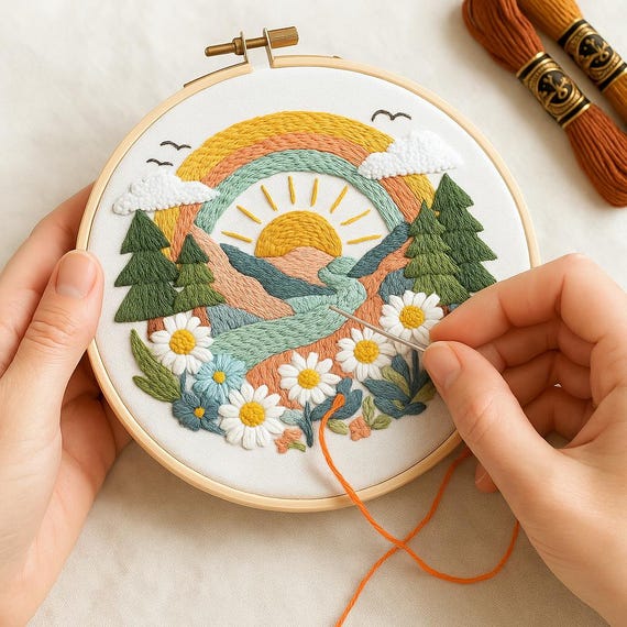 Whimsical Sunrise Mountain Landscape Embroidery Kit | Beginner-Friendly DIY Needlepoint Set with Hoop & Threads