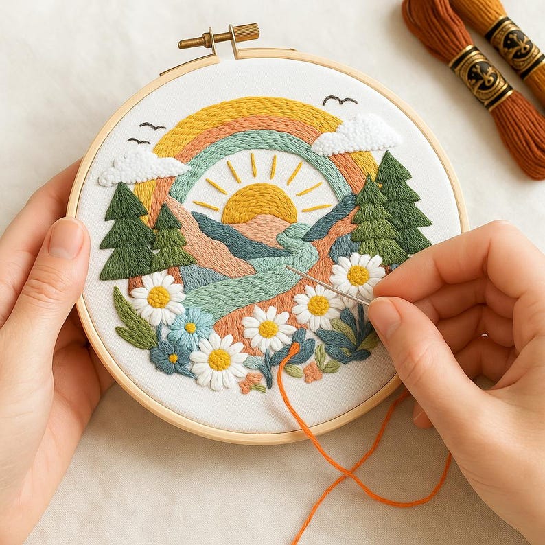 May include: A colorful embroidery hoop featuring a landscape scene with a rainbow, sun, river, trees, and flowers. The embroidery is in progress, with a needle and orange thread visible. The hoop is held by hands.