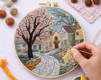 May include: A detailed embroidery hoop art piece depicting a quaint village scene with a cobblestone road, houses, and a large tree with pink blossoms. The artwork is in a wooden hoop, with various colored threads and yarn balls nearby.