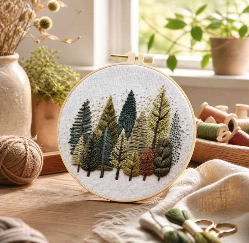 Puede incluir: Un bordado de una escena de bosque en un aro de madera redondo. La obra de arte presenta varios tonos de verde, marr&oacute;n y dorado, que representan una colecci&oacute;n de &aacute;rboles estilizados. El fondo es de tela clara.