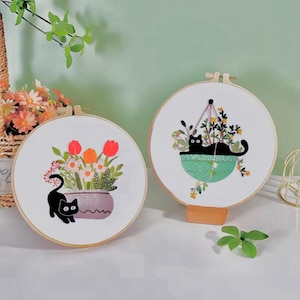 Floral Black Cat Embroidery Kit: DIY Needlepoint with Hoop