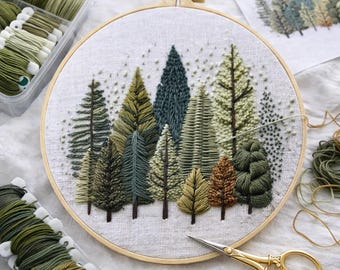 Kit de bordado de líneas de árboles forestales para principiantes, kit de bordado a mano de naturaleza boscosa, manualidad de costura DIY con aro