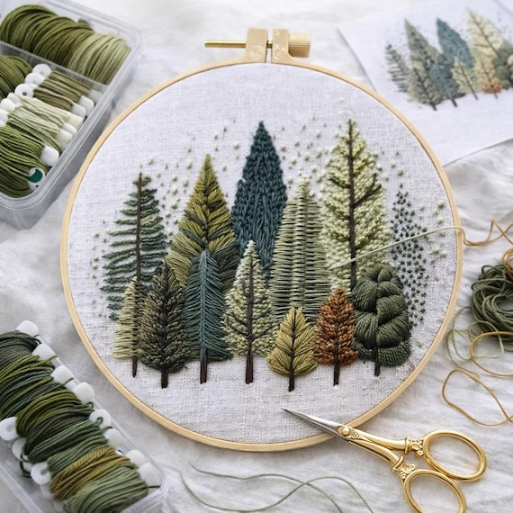 Forest Tree Line Embroidery Kit for Beginners, Woodland Nature Hand Embroidery Kit, DIY Needlework Craft with Hoop