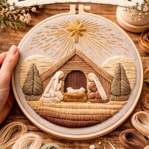 Peut inclure: Kit de broderie représentant une scène de la Nativité. Le motif comprend une étoile, une étable et des personnages, tous brodés dans des tons de marron, beige et crème. Le kit est présenté dans un cercle à broder en bois, avec l'inscription "EMBROIDERY KIT" en haut.