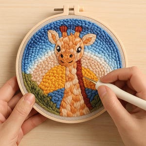 Peut inclure: Broderie d'art sur cerceau représentant une girafe. La girafe est brodée avec du fil orange, beige et marron, sur un fond de ciel bleu et blanc. La girafe a un long cou et est entourée de feuillage jaune et vert. La broderie est dans un cercle en bois.