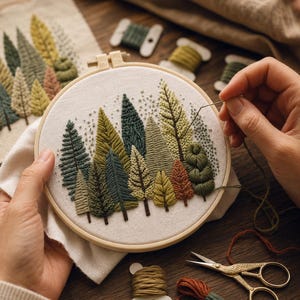 Puede incluir: Un bastidor de bordado con una escena de bosque que presenta varios &aacute;rboles verdes, marrones y amarillos. El bordado est&aacute; sobre una tela color crema, sostenida por manos. Tambi&eacute;n se ven carretes de hilo y tijeras.
