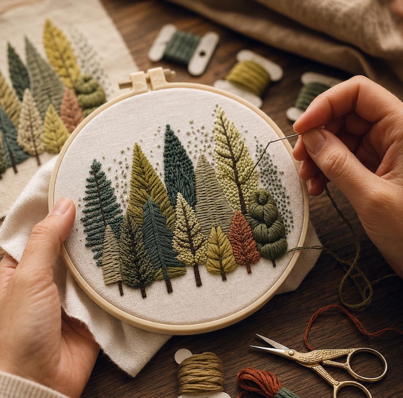 Puede incluir: Un bastidor de bordado con una escena de bosque que presenta varios &aacute;rboles verdes, marrones y amarillos. El bordado est&aacute; sobre una tela color crema, sostenida por manos. Tambi&eacute;n se ven carretes de hilo y tijeras.