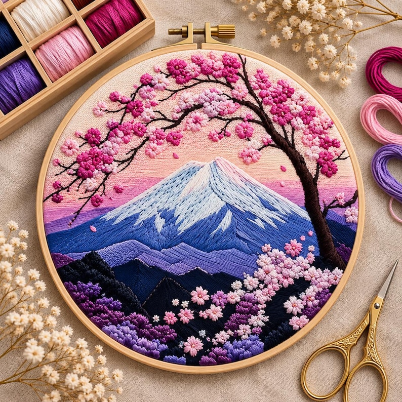 Mount Fuji Embroidery Kit Cherry Blossom Japanese Landscape Needlework ...