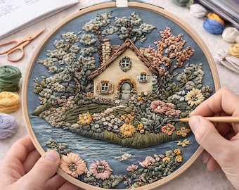 Kit de bordado Riverside Cottage: paisaje de cuento de hadas, bordado a mano DIY