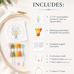 May include: An embroidery kit with a floral design. The kit includes a 7.9-inch round pattern printed on fabric, embroidery thread, needles, a needle threader, a seam ripper, and a 7.9-inch hoop. The text "this in-the-hoop kit INCLUDES:" is at the top.