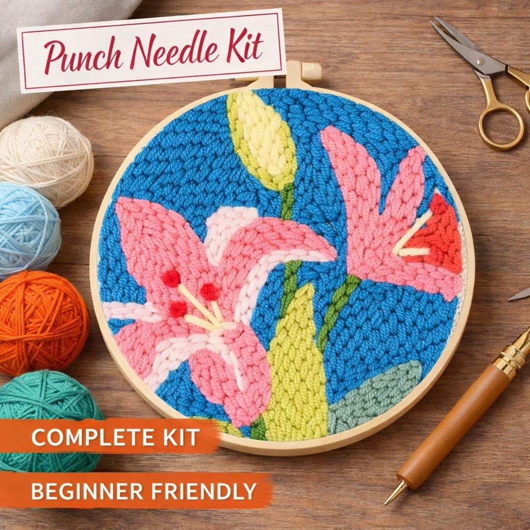 Pink Lily Punch Needle Kit DIY Botanical Wall Art 20cm X 20cm - Etsy