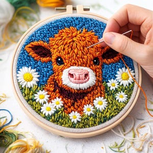 Op de afbeelding: Geborduurd kunstwerk van een Highland-kalf in een houten hoepel. Het kalf heeft oranje vacht, een roze neus en is omgeven door witte madeliefjes en groen gras tegen een blauwe achtergrond. Een hand is te zien die de borduursels naait.