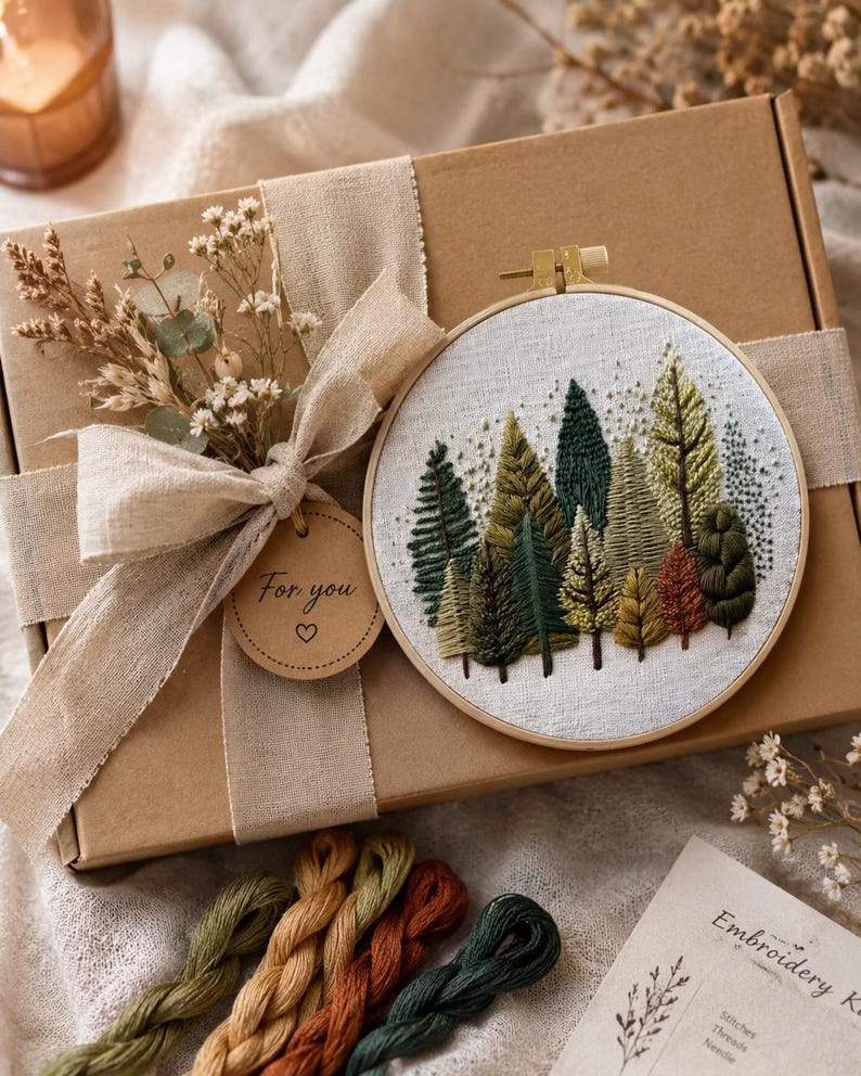Puede incluir: Un kit de bordado con una escena de bosque en un aro de madera, presentado en una caja de regalo marr&oacute;n atada con una cinta beige y flores secas. El kit incluye hilo de bordar en tonos verdes, marrones y beige. Una etiqueta dice "For you".