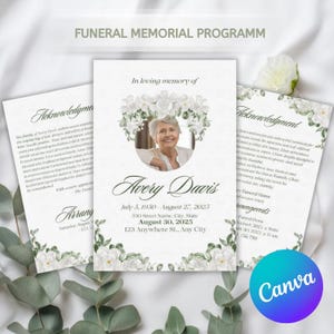 May include: Funeral memorial program with a photo of Avery Davis, surrounded by white flowers. The program includes dates, locations, and the text "In loving memory of". The word "Acknowledgement" is also visible.