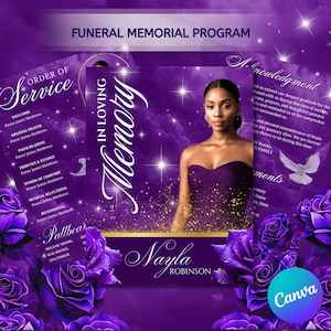 May include: A funeral memorial program with a purple and gold design. The program features the text "In Loving Memory" and the name "Nayla Robinson." The design includes a photo of a woman in a purple dress, roses, and the Canva logo.