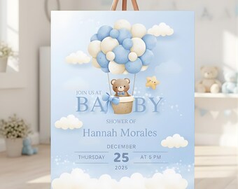 Willkommensschild für die Babyparty (Canva-Vorlage zum Bearbeiten) | Teddybär-Heißluftballon-Schild für Jungen | Sofort-Download