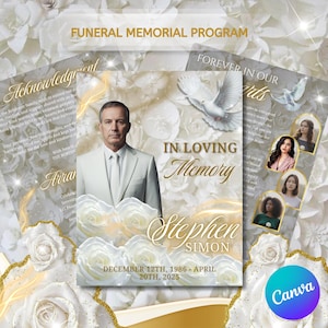 Funeral Program Template Canva Editable | 8 Page Elegant White Gold Celebration of Life Memorial Booklet | Instant Download