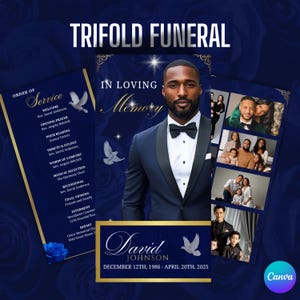 Könnte beinhalten: Ein dreifach gefaltetes Trauerprogramm mit marineblauem Hintergrund. Das Programm enthält den Text "TRIFOLD FUNERAL" und "IN LOVING MEMORY". Es zeigt ein Foto eines Mannes im Anzug mit Fliege, Familienfotos und den Namen "David Johnson".