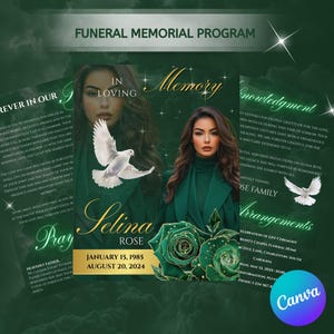 Funeral Program Template Canva Editable | 8 Page Emerald Green Gold Memorial Booklet In Loving Memory | Instant Download