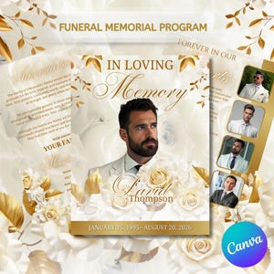 Funeral Program Template Canva Editable | 8 Page Elegant White Gold Memorial Booklet Folded Obituary | Instant Download