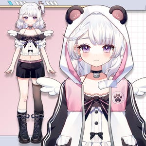 以下が含まれることがあります： パンダをテーマにした衣装のキャラクターのアニメ風イラスト。キャラクターは白い髪、紫の目を持ち、猫のペンダントが付いた黒いチョーカーを着用しています。衣装には、パンダのパーカー、白と黒のトップス、黒いショートパンツ、黒いブーツが含まれています。