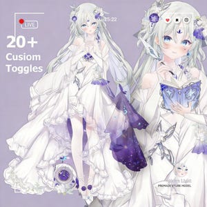 May include: Digital illustration of a female anime character in a white dress with purple accents. The character has long white hair and blue eyes. Text on the image reads "20+ Custom Toggles" and "Moon Light PREMADE VTUBE MODEL".