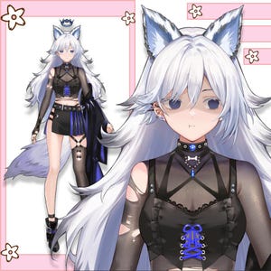 以下が含まれることがあります： 白い髪と青い目のキャラクターのデジタルイラスト。オオカミの耳と尻尾が特徴。キャラクターは、スカート、トップス、チョーカーなど、青いアクセントが付いた黒い衣装を着ています。背景はピンク色で、花のアクセントが付いています。