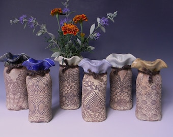 Lace-Impressed Ceramic Bud Vase