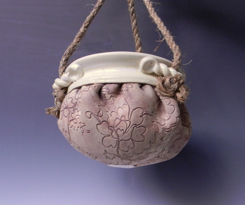 Handmade Ceramic Lace-Impressed Hanging Planter / Flower Pot image 3