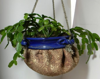 Handmade Ceramic Lace-Impressed Hanging Planter / Flower Pot