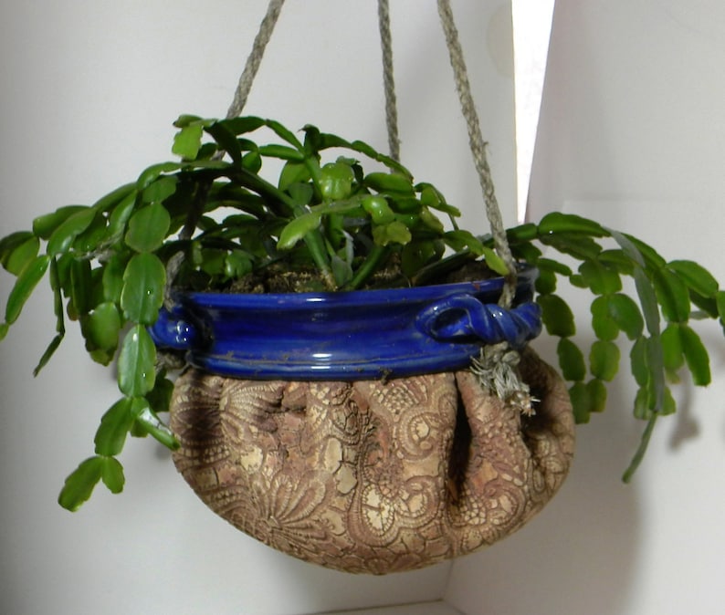 Handmade Ceramic Lace-Impressed Hanging Planter / Flower Pot image 1