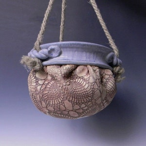 Handmade Ceramic Lace-Impressed Hanging Planter / Flower Pot image 2