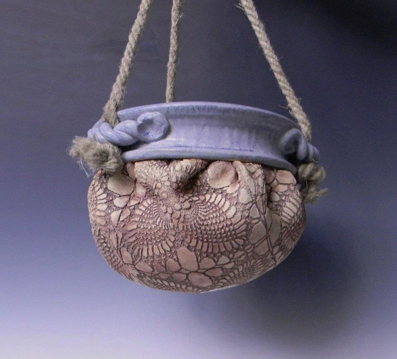 Handmade Ceramic Lace-Impressed Hanging Planter / Flower Pot image 2