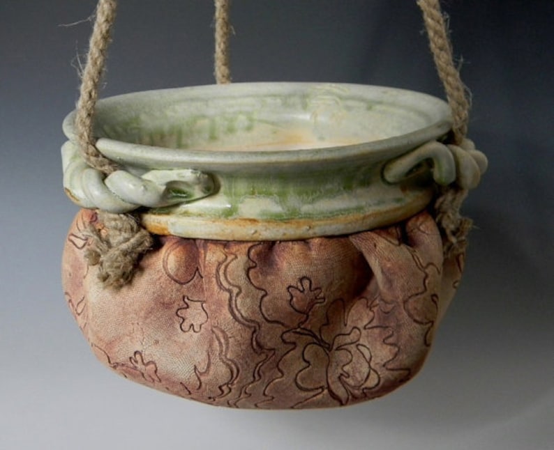 Handmade Ceramic Lace-Impressed Hanging Planter / Flower Pot image 4