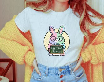 Camiseta de maestro/a con huevo • Linda camiseta de maestro/a de Pascua • Camiseta de conejito para el aula • Traje de maestro/a de primavera • Regalo de agradecimiento para maestros/as