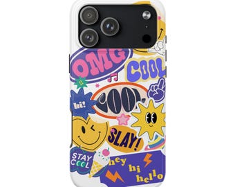 Funda para iPhone con diseño de collage de pegatinas Y2K y estilo retro pop art.
