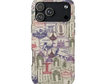 Funda para iPhone con diseño retro de sello de pasaporte y mapa de monumentos mundiales.
