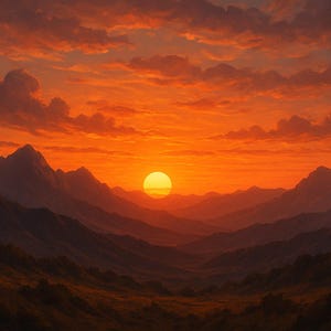 May include: A painting of a sunset over a mountain range. The sky is filled with orange and red hues, with the sun setting in the centre. The mountains are silhouetted in dark shades.